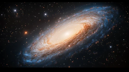Spiral galaxy core glowing amid dense starfield dust lanes.