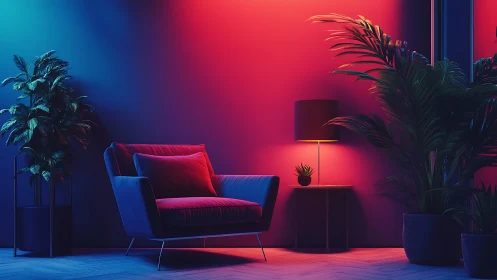 Neon lounge corner glows in cinematic blue and crimson hush.