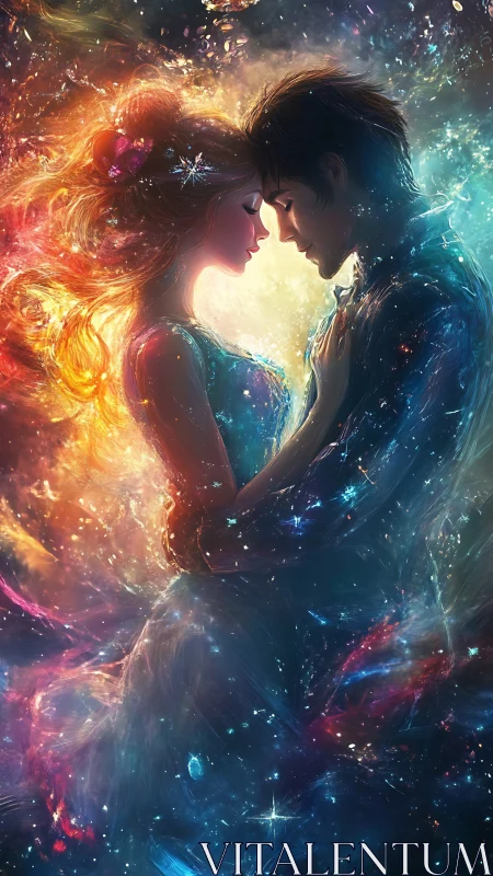 Cosmic Romance: Two Figures Connected by Light and Energy