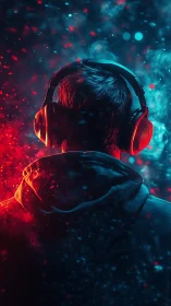 Person wearing headphones stands in glowing red blue haze