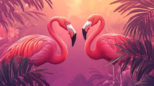Sunset serenity with mirrored flamingos in lush tropics.