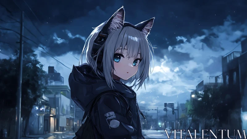Cat-eared girl wandering a rainy neon-blue city night.
