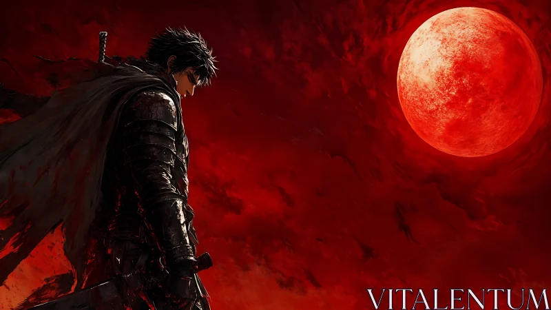 Lone dark swordsman broods beneath a blazing blood moon
