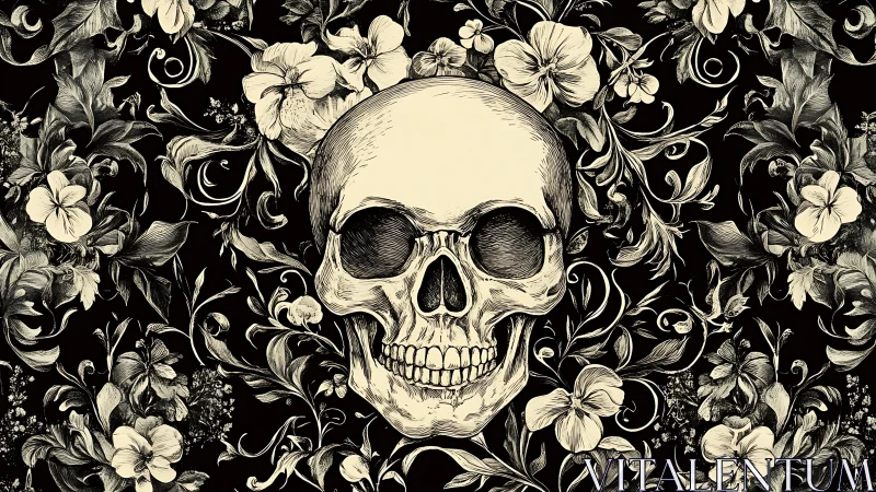 Skull entwined with ornate floral vines in monochrome ink.