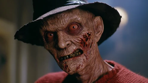 Horror character close-up shows detailed facial prosthetics