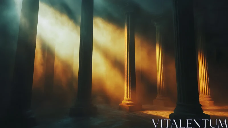 Columns in hazy light with warm beams and deep shadows.