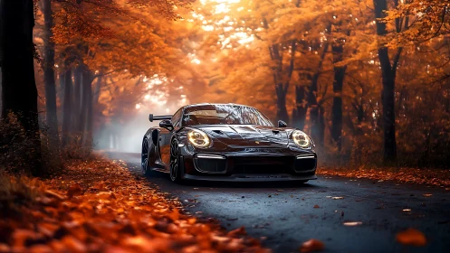 Black sports car cuts through misty golden autumn forest