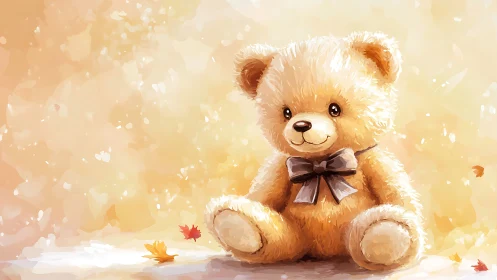 Teddy bear sits on soft autumn ground in warm light