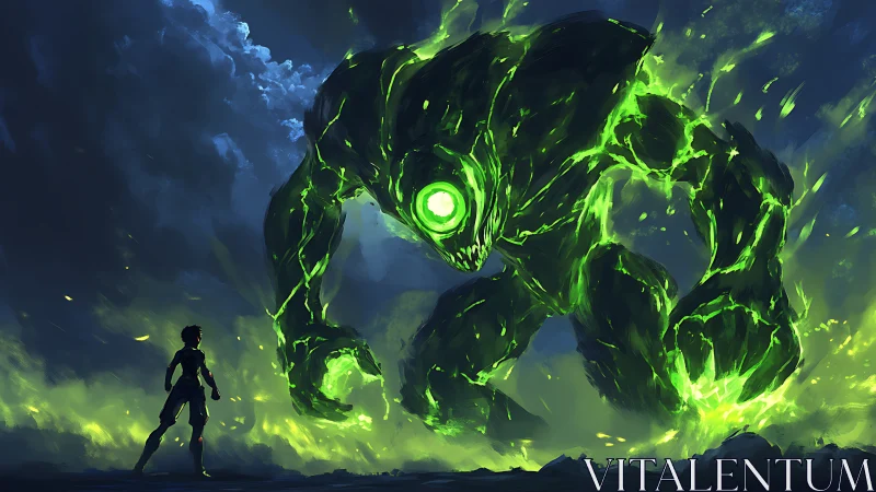 Glow green elemental towers over lone silhouetted figure.