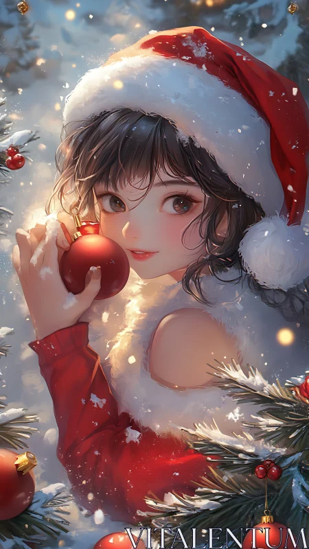 Festive anime girl with red bauble in snowy Christmas scene.