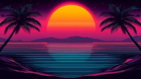 Neon sun sinks behind palms in a tranquil synthwave seascape