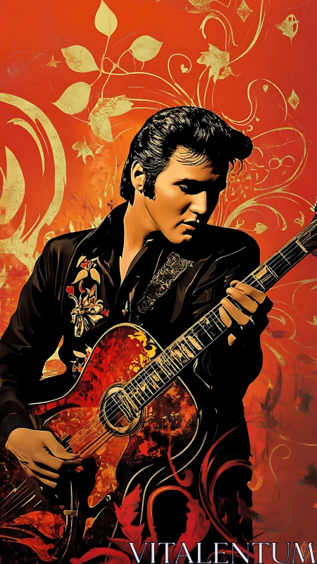 Rockabilly guitarist portrait on fiery floral backdrop.