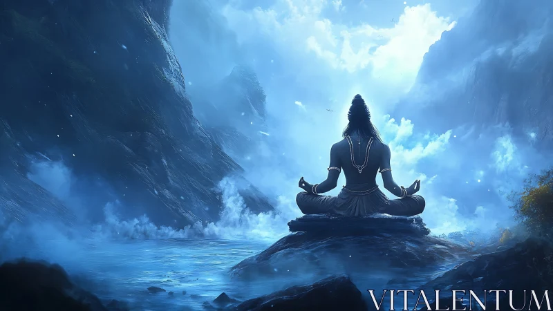 Meditative deity silhouette amid luminous blue mountain mist.