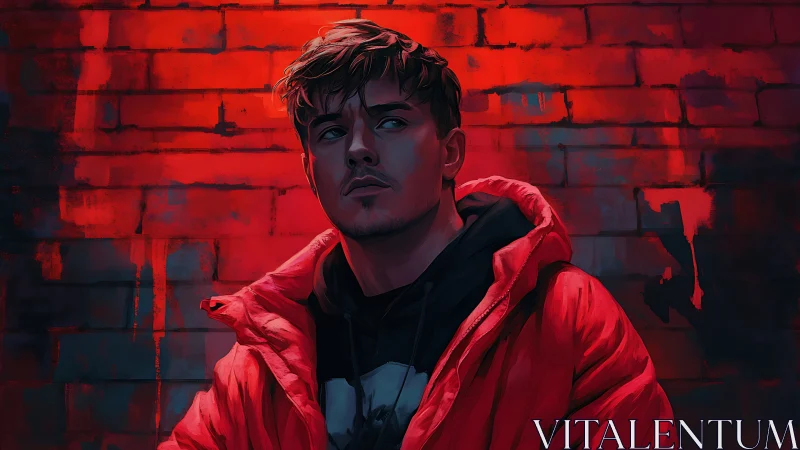 Male figure in red jacket against painted brick wall.