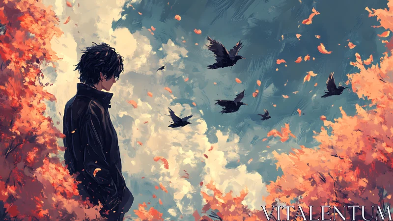 Melancholic figure amid autumn crows and swirling leaves.