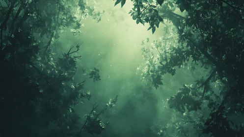 Luminescent Forest Canopy Through Atmospheric Mist.