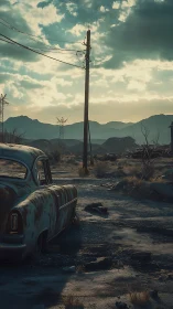 Rusted desert sedan dreaming beneath post-apocalyptic sky.