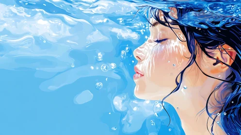 Side profile portrait of submerged woman rendered in water