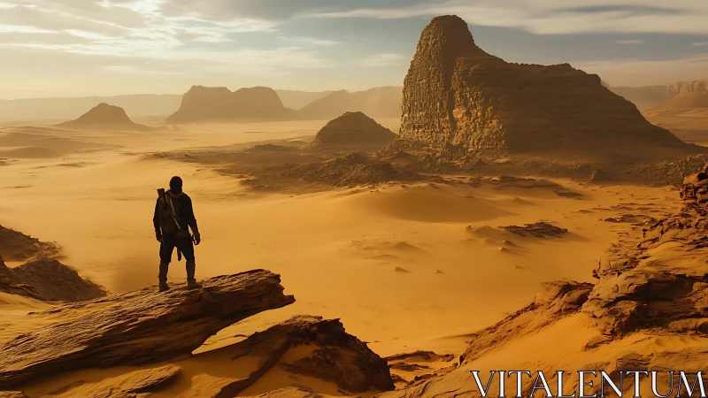 Lone wanderer surveying sunlit desert monolith kingdom.