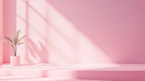 Minimalist pink interior with potted plant and window shadows