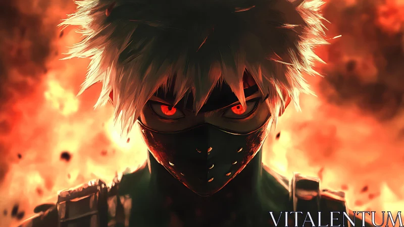 Fierce masked warrior before blazing inferno backdrop.