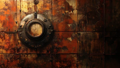Circular metal hatch sits on heavily rusted panel wall