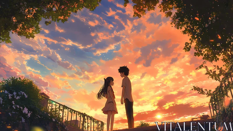 Two anime lovers share a quiet moment under a burning sunset