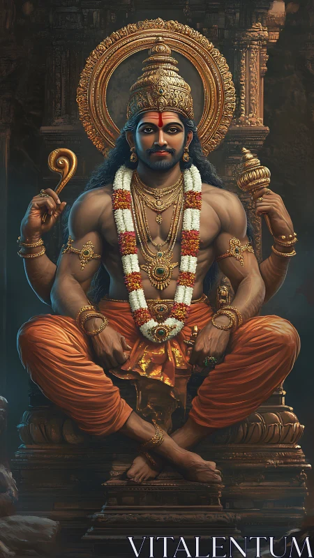 Regal guardian seated in molten-gold temple hush.