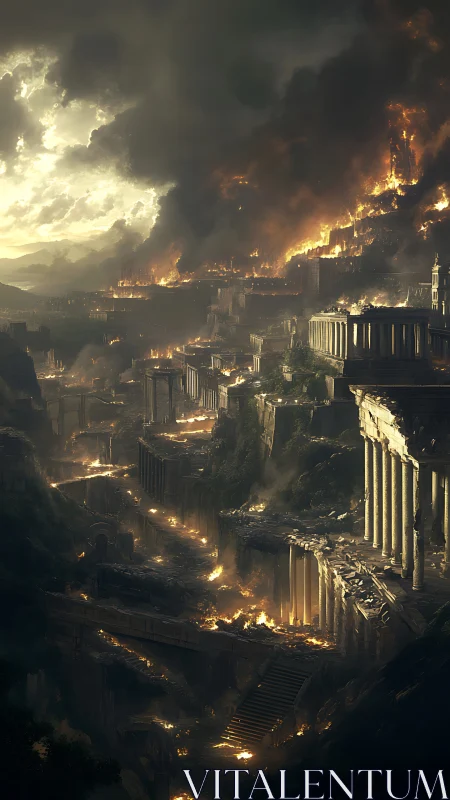 Ancient hillside metropolis collapses in apocalyptic firestorm.