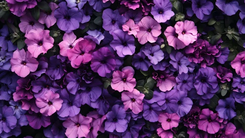 Purple petunias perform their chromatic ballet in densest bouquet arrangement
