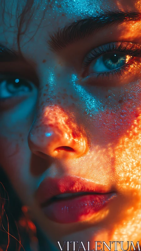 Close human face under blue and orange directional lighting
