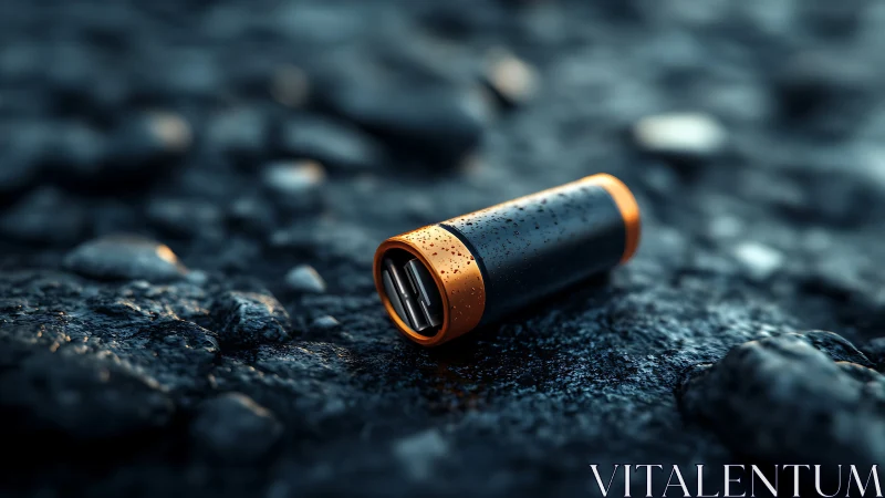 Rain-kissed portable charger rests quietly on wet stones