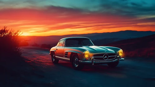 Vintage silver coupe under vivid cinematic sunset glow.