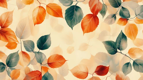 Autumn and teal leaves overlap on pale background in pattern