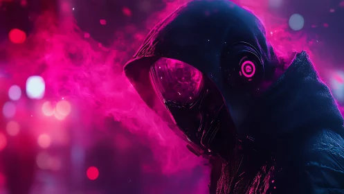 Neon hooded figure walks through dense cyberpunk smoke