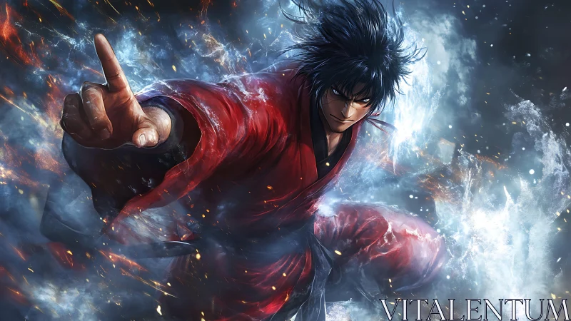 Martial warrior channels elemental energy in dynamic aura.