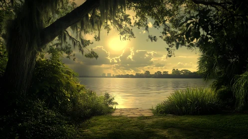 Sunlit lakeside hideaway framed by lush whispering trees.