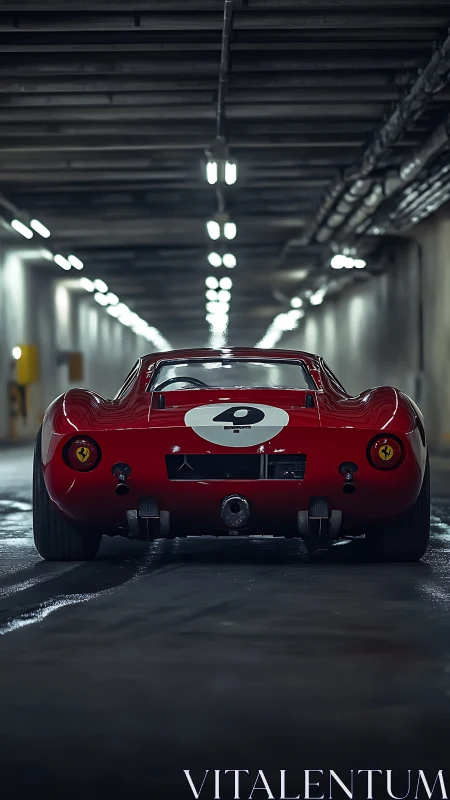 Vintage red race car waiting in a quiet underground tunnel.