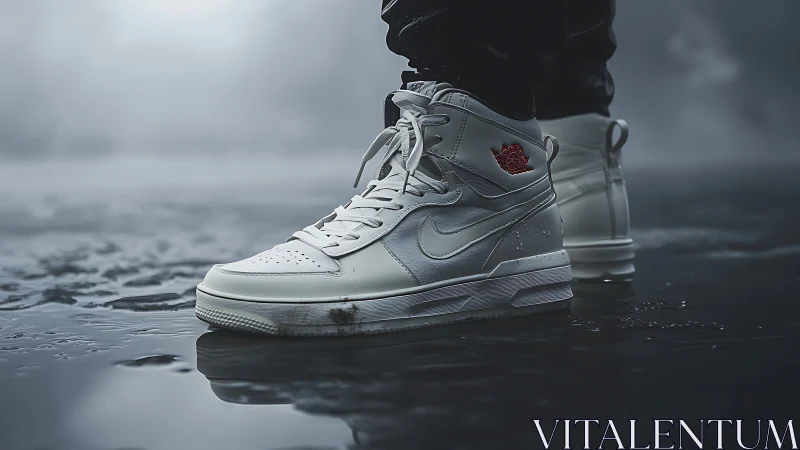 High-top white sneakers stand bold on a rainy street.