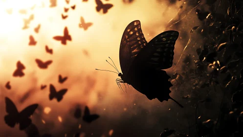 Silhouetted butterfly swarm crossing a glowing sunset sky.
