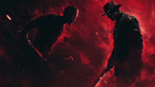 Duelling masked silhouettes in high-contrast crimson vortex.