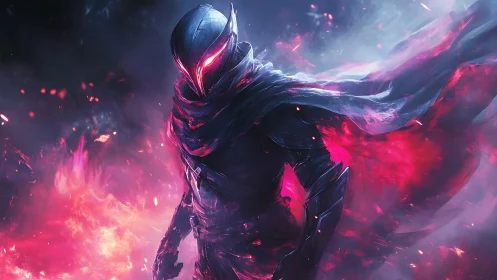 Armored void wraith in magenta plasma storm, dynamic cloak