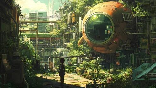 Curious child exploring a lush overgrown sci fi cityscape.