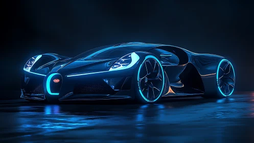 Neon-lit futuristic supercar glows boldly in a moody night scene