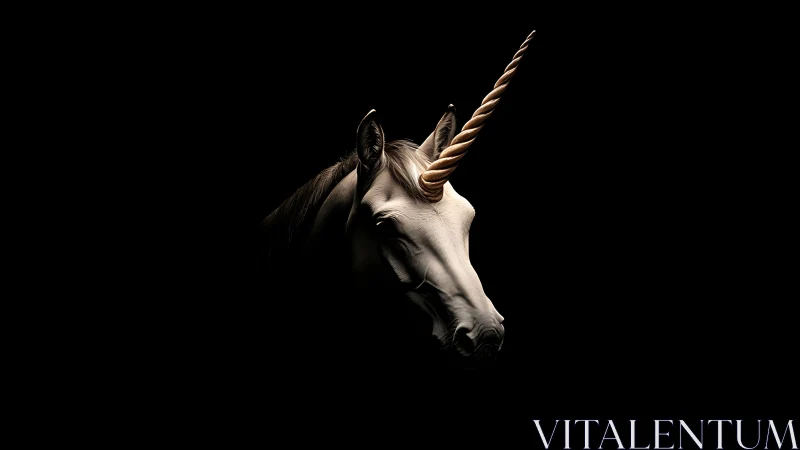 Majestic unicorn portrait with golden horn on black background.