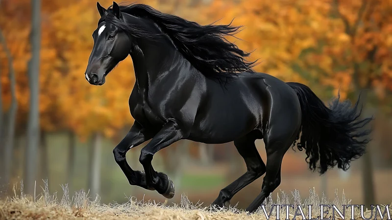 Midnight stallion carves molten paths through autumn fire