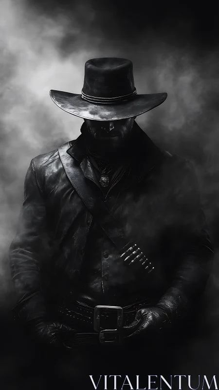 Shadow-sculpted gunslinger wrapped in stormy monochrome fog.