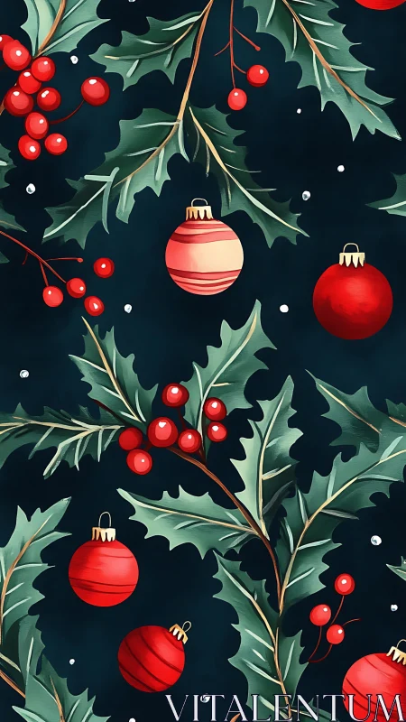 Seamless holly foliage and red baubles in stylized vector repeat