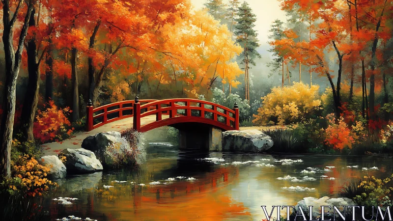 Crimson bridge invites quiet walks through glowing autumn woods