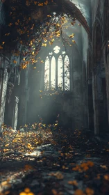 Golden leaves drift through light in a ruined gothic hall